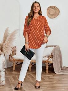 EMERY ROSE 大码女式休闲波点印花翻领卷袖秋季衬衫 - 棕色 - 查看 5