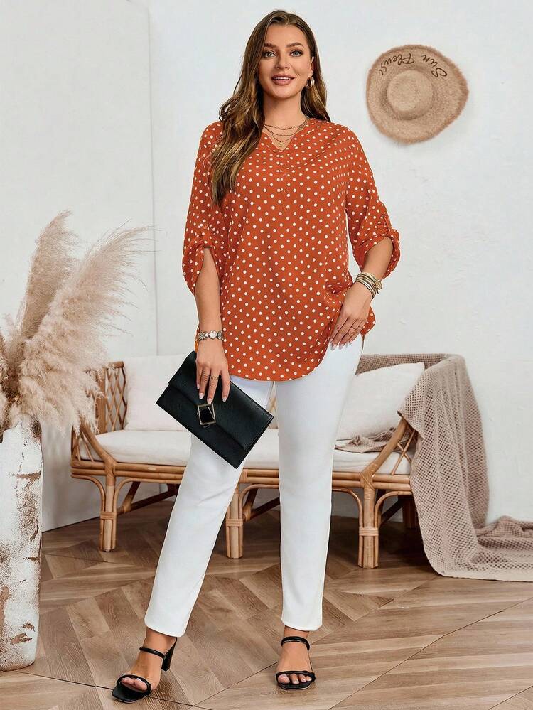 Plus Size Women's Summer Casual Vacation Country  Polka Dot Print Notched Neck Roll-Up Sleeve Fall  Blouse Top Shirt,Summer\Vacation,Summer Holiday,Spring Break Outfits ,Vacation Outfits Women ,Holiday Outfits For Women,Going Out Outfits,2026 New Clothes,Simple And Fashionable For Everyday Wear,Suitable For Summer, Vacation, Daily Wear, Polka Dot Shirt, Burnt Orange Tops Women, Poka Dots Top