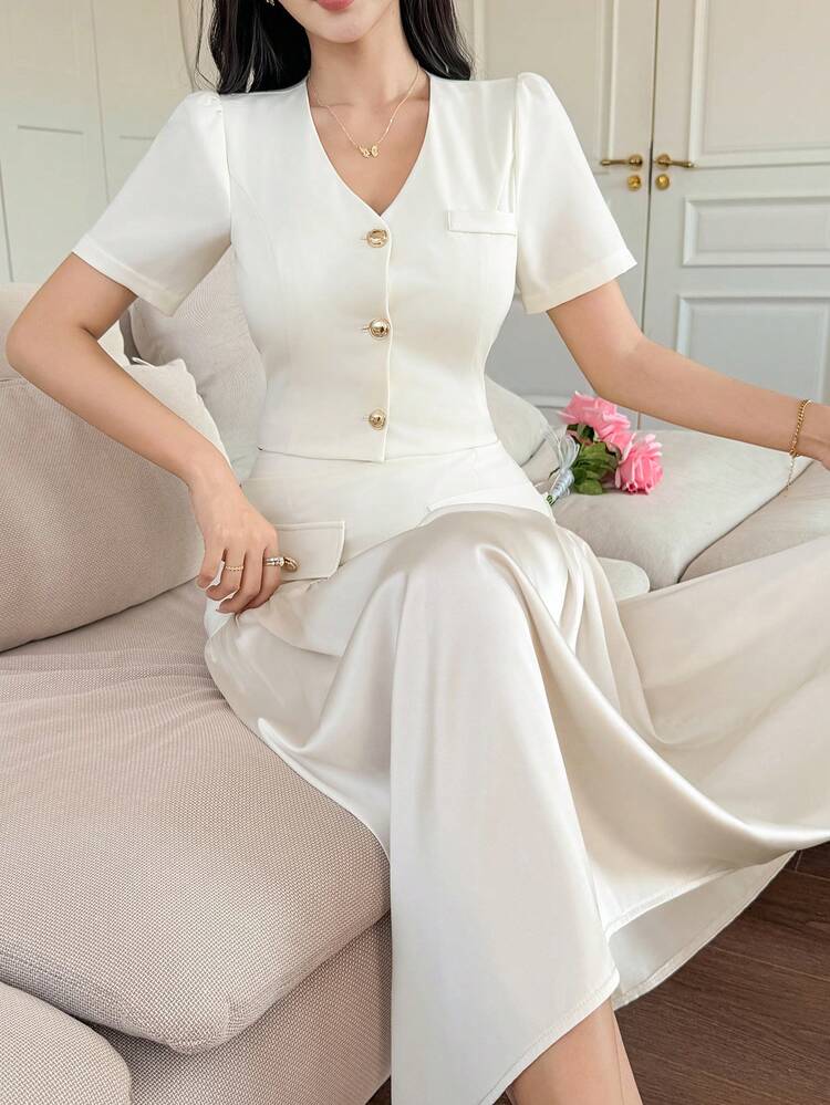 Women's Solid Color Petal Sleeve Button-Up Shirt And Skirt Elegant 2-Piece Set