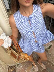Serisse Women's Cute White And Blue Gingham 2 Pieces Set,Plaid Bow Front Peplum Tank Top Shorts,Summer Holiday Vacation Outfit,Casual Tropical Beach Clothes - Blue and White - View 5