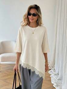 SHEIN LUNE Camiseta básica de mujer de uso diario para primavera y verano, de unicolor, con dobladillo asimétrico y parches de encaje - Albaricoque - Ver 4