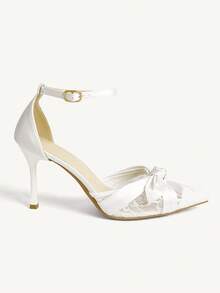 CUCCOO CHICEST Women's Fashion Pointed Classic Satin Mesh With Sexy Evening Wear Party Style Simple Back Space Stiletto High Heel Shoes - White - View 3