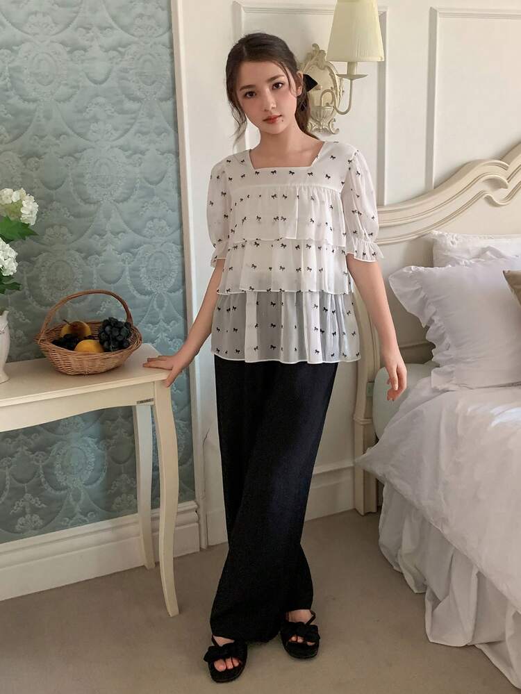 Tween Girl Bow Decor Multi-Layer Ruffle Blouse And Pants Set