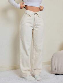 SHEIN Tall Summer Tall Women's Casual High Waisted Beige Wide Leg Denim Pants For Women Fold Over Waistband Casual Jeans Fold-Over Waist Wide Leg Loose Casual White Jeans - Beige - View 7