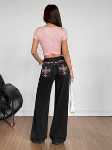 SHEIN PETITE Women's Cross Embroidery Pocket Wide Leg Loose Casual Jeans - White - View 7