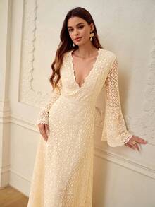 ZEYLAH Vestido de cuello en V con encaje, primavera/verano - Albaricoque - Ver 7