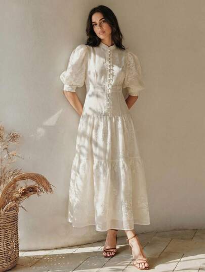 Anewsta Vestido feminino elegante com gola mandarim, mangas pétala e barra evasê bordada.