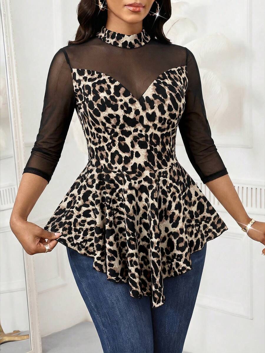 SHEIN Lady 女士豹纹网纱拼接七分袖荷叶边下摆上衣 - 棕色 - 查看 1