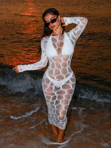 Sirith Spring/Summer New Knitted Round Neck Long Sleeve Bodycon Dress, Sexy Fitted Mesh Hollow Out Dress, Elegant Ladies Dress - White - View 6