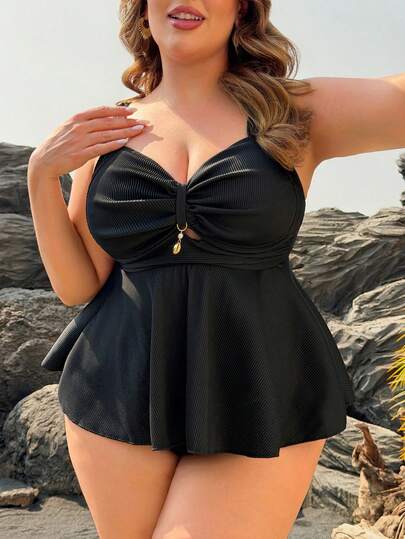 Swim Lushoire Plus Size Women Summer Beach Solid Color Ruched Tankini Top And Triangle Tankini Bottom Swimsuit Set