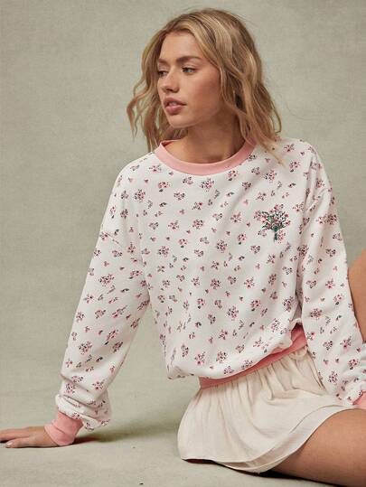 WESTFADE Crewneck Floral Embroidered Long Sleeve Oversized French Terry Sweatshirt Spring, Resort Wear, Summer, Casual, Cute, Boho, Vacation, Beach, Nashville, Cowgirl, Western Clothes, Festival, Stagecoach, Coachella