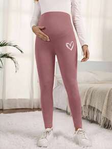 SHEIN 可调节腰围孕妇爱心印花打底裤 - 粉色 - 查看 6