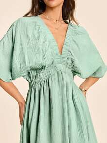 Coeurva Women's Casual Romantic Vacation Floral Print Cotton V-Neck Solid Green Dress - Gray green - View 2