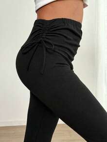 SHEIN Leggings casuales de maternidad de unicolor con cordón ajustable en la cintura - Negro - Ver 3