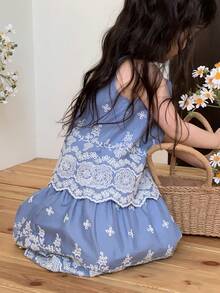 DAZY 女童蕾丝领无袖上衣和裙子两件套，清新甜美韩版风格 - 藍色 - 查看 8