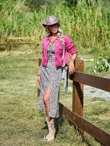 EMERY ROSE Women's Turndown Collar Single-Breasted Rhinestone Embellished Casual Everyday Denim Jacket, Long Sleeve - Hot Pink - View 7