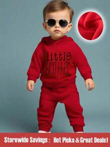 男婴趣味字母印花保暖连帽卫衣和裤子套装，休闲时尚秋冬 - 紅色 - 查看 1