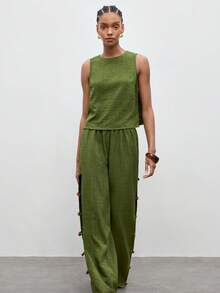 Maija 女士纯绿色圆领侧开衩串珠连接背心，圣帕特里克节女士上衣，春季女士上衣，夏季上衣，派对上衣，沙滩装，外出上衣，优雅女士上衣，女士度假装，夏季度假装，海滩度假装 - 軍綠色 - 查看 3