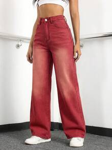 SHEIN ICON Women's Pocket Button Casual Versatile Daily Wear Wide Leg Jeans - Red - View 4