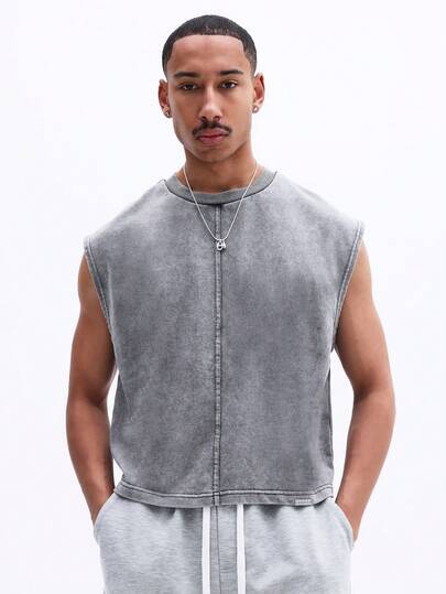 SUMWON Men's Sleeveless Crew Neck Tank Top Washed Stone Grey Ribbed Knit Summer Casual Tank Top Muscle Tee Relaxed Fit Everyday Wear