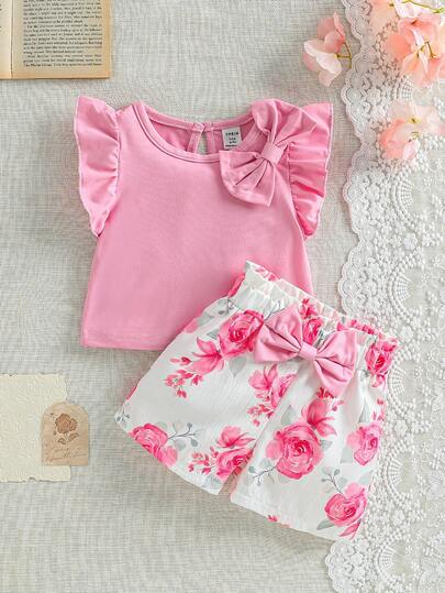 SHEIN Baby Girl Round Neck Bow Decor Puff Sleeve T-Shirt And Floral Print Shorts Casual Set, Suitable For Everyday Wear, Outings And Vacations, All Seasons
