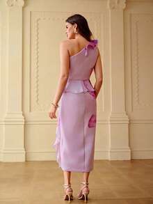 ZEYLAH Women's Elegant Floral Print Peplum Waist One Shoulder Ruffle Decor Party/Date Dress, Summer - Mauve Purple - View 3