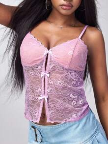 Y2Kool Women's Pink-Purple French-Style Sexy Y2K Sheer Figure-Hugging Lace Bow-Trim Camisole Top Summer Versatile Layering Top For Underwear Or Outerwear - Purple - View 5