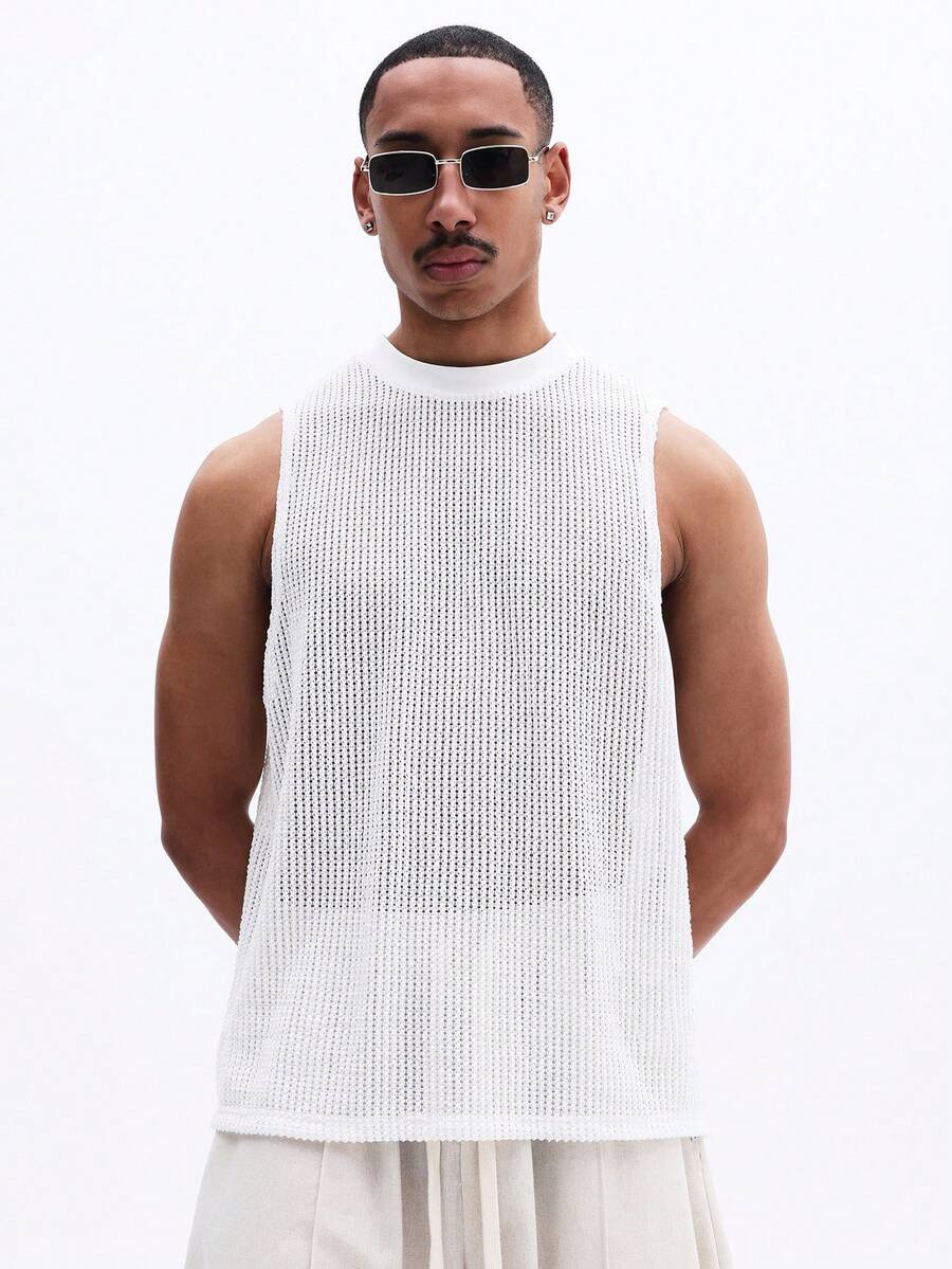 SUMWON 男士白色无袖网眼背心 夏季透气圆领休闲轻薄针织透视背心 常规版型 - 米色 - 查看 1