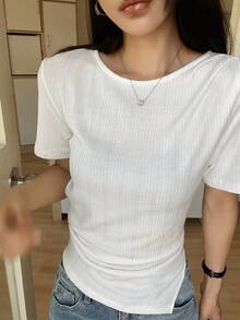 FRIFUL Women's Round Neck Ribbed Bodycon Short Sleeve Split Hem T-Shirt, Summer - Black - View 2