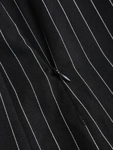 Sweetra Minimalist Casual Black Striped Fitted Asymmetric Shoulder Blazer Vest Paired With A-Line Box Pleat Skirt Women's Suit 2-Piece Set - Black and White - View 4