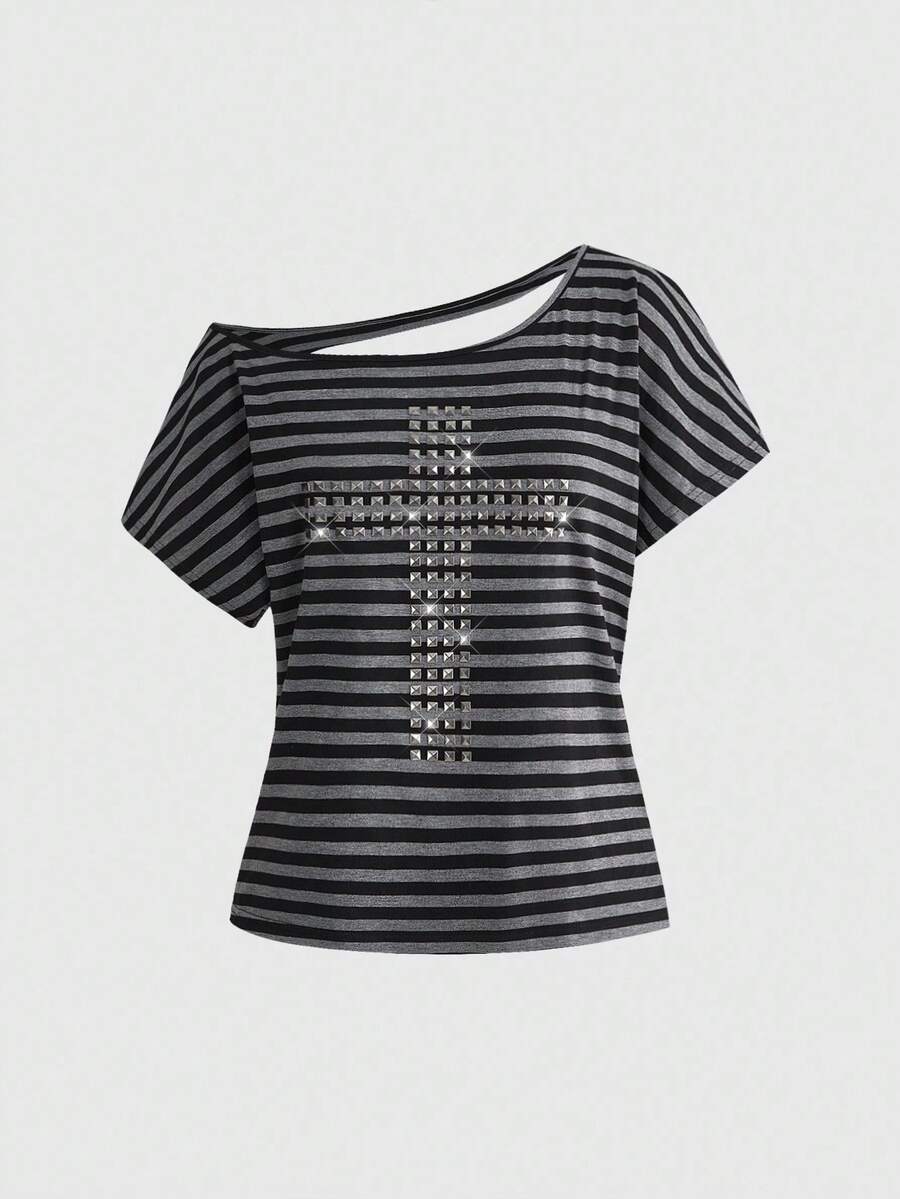ROMWE Grunge Punk Y2K Punk Cross Rivet Design Laser Cut Loose Fit Solid Color T-Shirt, Versatile - Dark Grey - View 1