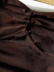 SHEIN Teen Girl Black One-Piece Halter Ruched Swimsuit, Minimalist Fitted Swimwear - Brown - View 5