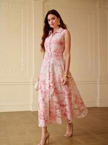 ZEYLAH Elegant Fitted Waist A-Line Jacquard Fabric Dress, Spring/Summer - Pink - View 4