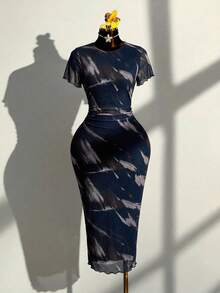 Reflora Plus Size Summer Fashionable Commuter Fitted Allover Print Dress - Blue - View 7
