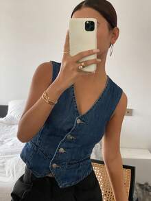 DAZY Áo sơ mi denim không tay đa năng dành cho nữ - Màu xanh lam - Xem 6