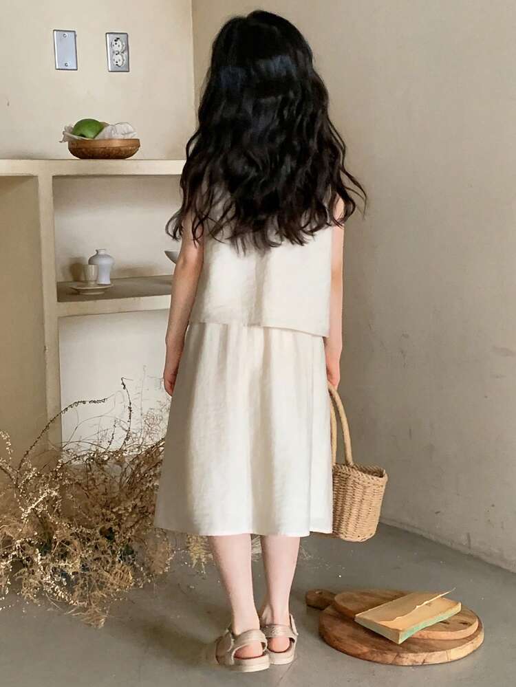 Young Girls Round Neck Vacation Korean Style Sleeveless Shirt + Mini Skirt 2 Pieces Shirt Set, Spring/Summer
