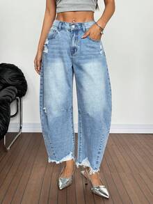 SHEIN PETITE Summer PETITE Women's Casual Y2K High Waist Distressed Barrel Jeans Women Frayed Hem Wide Leg Baggy Denim Pants Streetwear Pocket Distressed Flare Loose Fit Denim Crop Jeans - Medium Wash - View 1