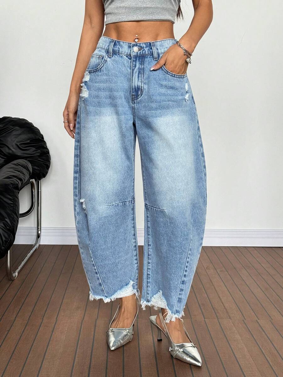SHEIN PETITE Summer PETITE Women's Casual Y2K High Waist Distressed Barrel Jeans Women Frayed Hem Wide Leg Baggy Denim Pants Streetwear Pocket Distressed Flare Loose Fit Denim Crop Jeans - Medium Wash - View 1