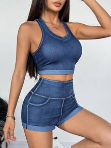 SHEIN PETITE Women's Casual Halter Top And Denim Shorts Set, Summer - Dark Wash - View 5