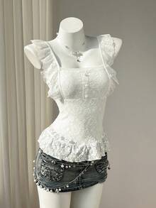 Elamini Women's Sweet & Cute Casual Daily Lace Fabric Cap Sleeve Square Neck All-White T-Shirt, Fashionable & Versatile For Spring/Summer - White - View 3