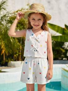 Emery Rose Kids 两件套女童编织爱心图案V领休闲衬衫和短裤套装 - 白色 - 查看 3