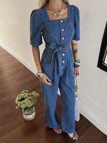 DAZY Women's Casual Washed Square Collar Petal Sleeve Belted Denim Jumpsuit, Spring/Summer - Medium Wash - View 9