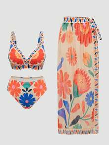 Swim Oasis 大码女式三件套印花V领半裹式系带网纱罩衫泳装套装 - 彩色 - 查看 1