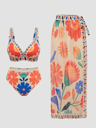 Swim Oasis Plus Size Women 3pcs Floral Print V-Neck Half-Wrap Tie Mesh Cover-Up Swimwear Set