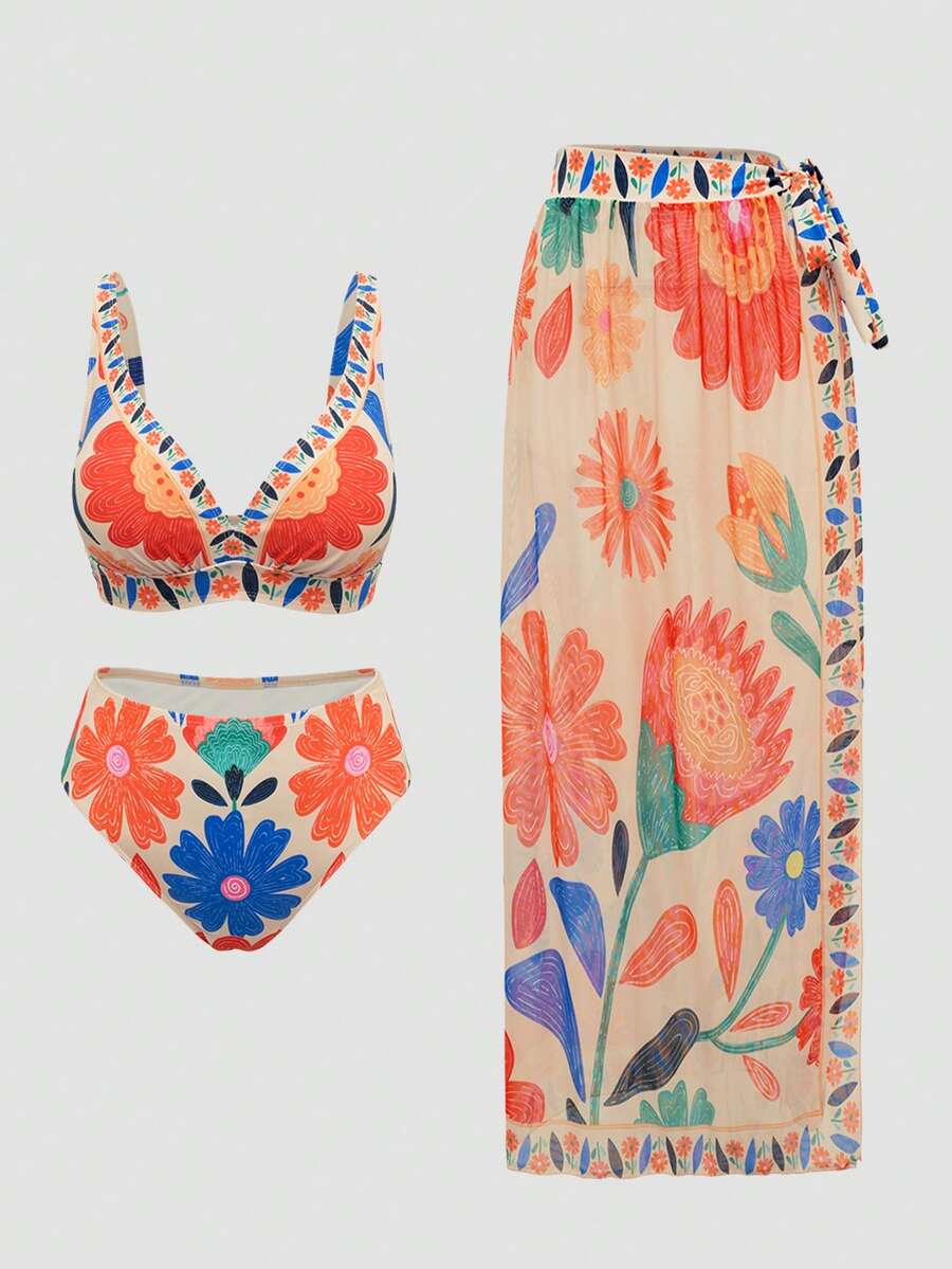 Swim Oasis 大码女式三件套印花V领半裹式系带网纱罩衫泳装套装 - 彩色 - 查看 1