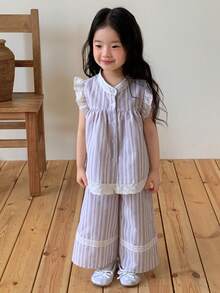 DAZY 女童条纹韩版荷叶边无袖上衣和宽松裤子两件套 - 薄荷綠 - 查看 5