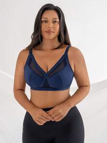 DesireSculpt Sujetador cómodo de talla grande para mujer con parches de malla de unicolor - Azul - Ver 4