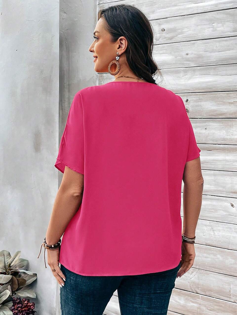 Plus Size Women's Orange Button Embellished Short Sleeve Shirt For Spring