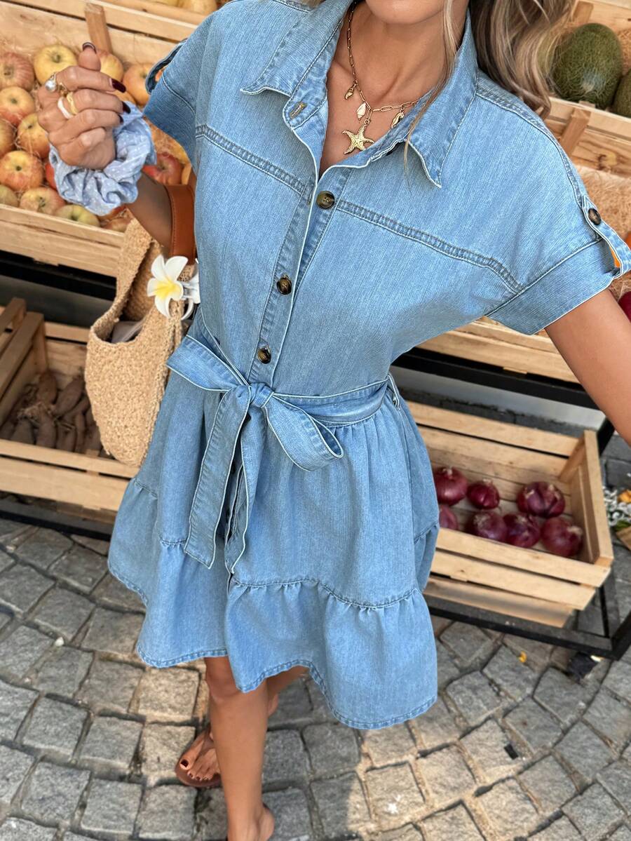 Selianne Women's Casual Denim Dress With Bat Print, Short Sleeve, Single-Breasted, Ruffle Hem - Blue - View 1