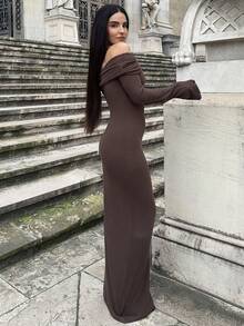 Marta Soriano Women's Solid Color Off Shoulder Long Sleeve Casual Long Dress,Party Women Outfits,Women Dress Women Clothes - Coffee Brown - View 4